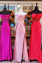 Black Strapless Mermaid Satin Long Evening Prom Dress with Slit