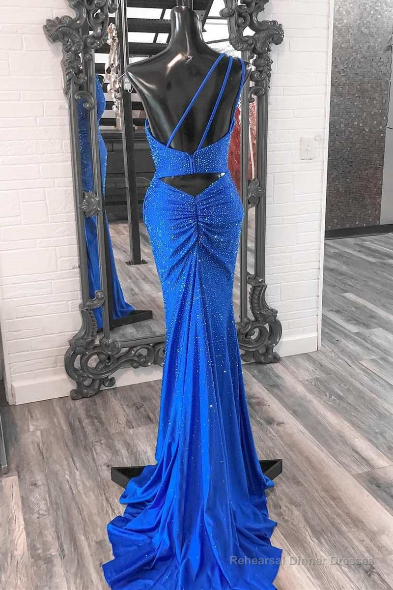 Blue Beaded One-Shoulder Ruched Long Formal Dress with Slit Secondary image