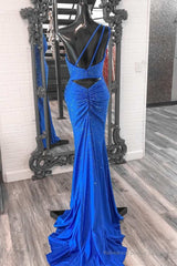 Blue Beaded One-Shoulder Ruched Long Formal Dress with Slit