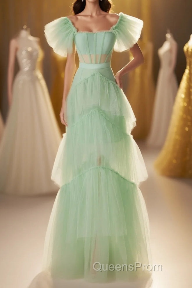Mint Green Flare Sleeves Ruffles Long Party Dress Main image
