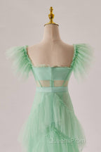 Mint Green Flare Sleeves Ruffles Long Party Dress