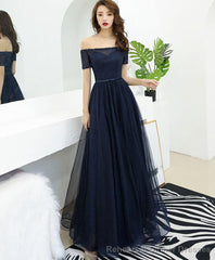 Dark Blue Tulle Long Prom Dress Blue Tulle Evening Dress