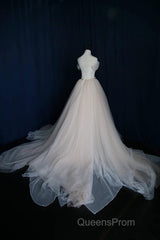 Elegant V Neck Off-shoulder Tulle Pleat Sweep Train Wedding Dress
