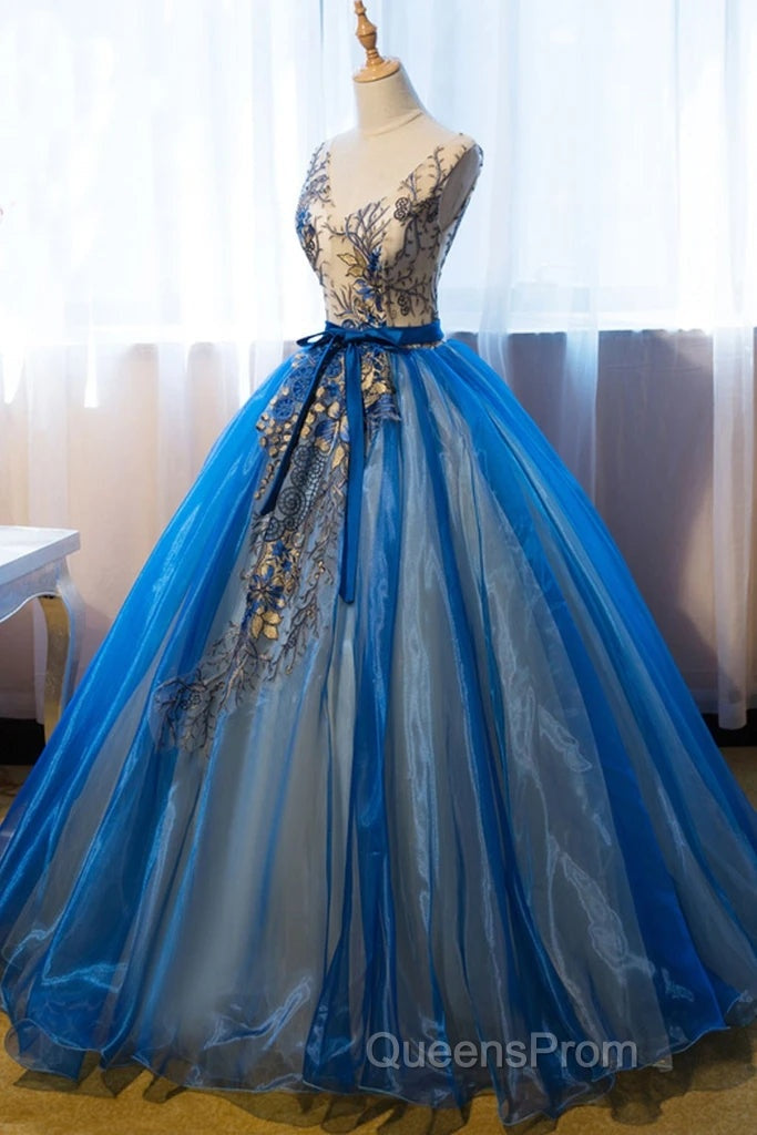 UniqueDresss Puffy V Neck Organza Applique Modest Evening Prom Dress Evening Dress