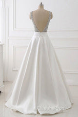 A Line Brush Train Deep V Neck Sleeveless Beading Evening Prom Dress