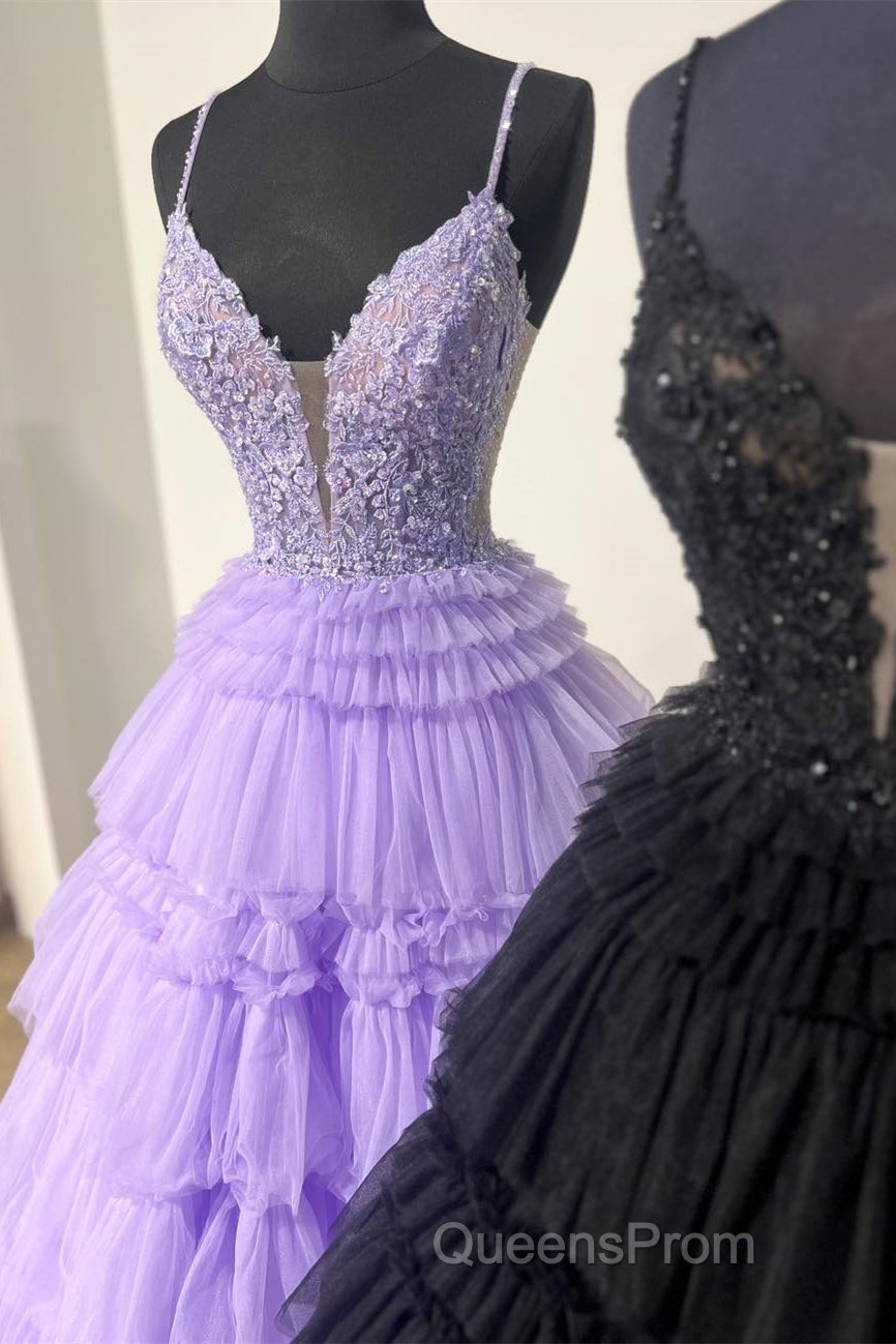 Black Layers Plunging V A-line Floral Long Evening Prom Dress Secondary image