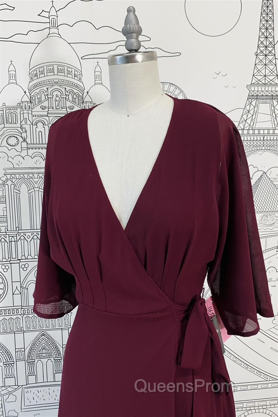 Wrap V Neck Sleeves Chiffon Long Bridesmaid Dress with Sash Secondary image