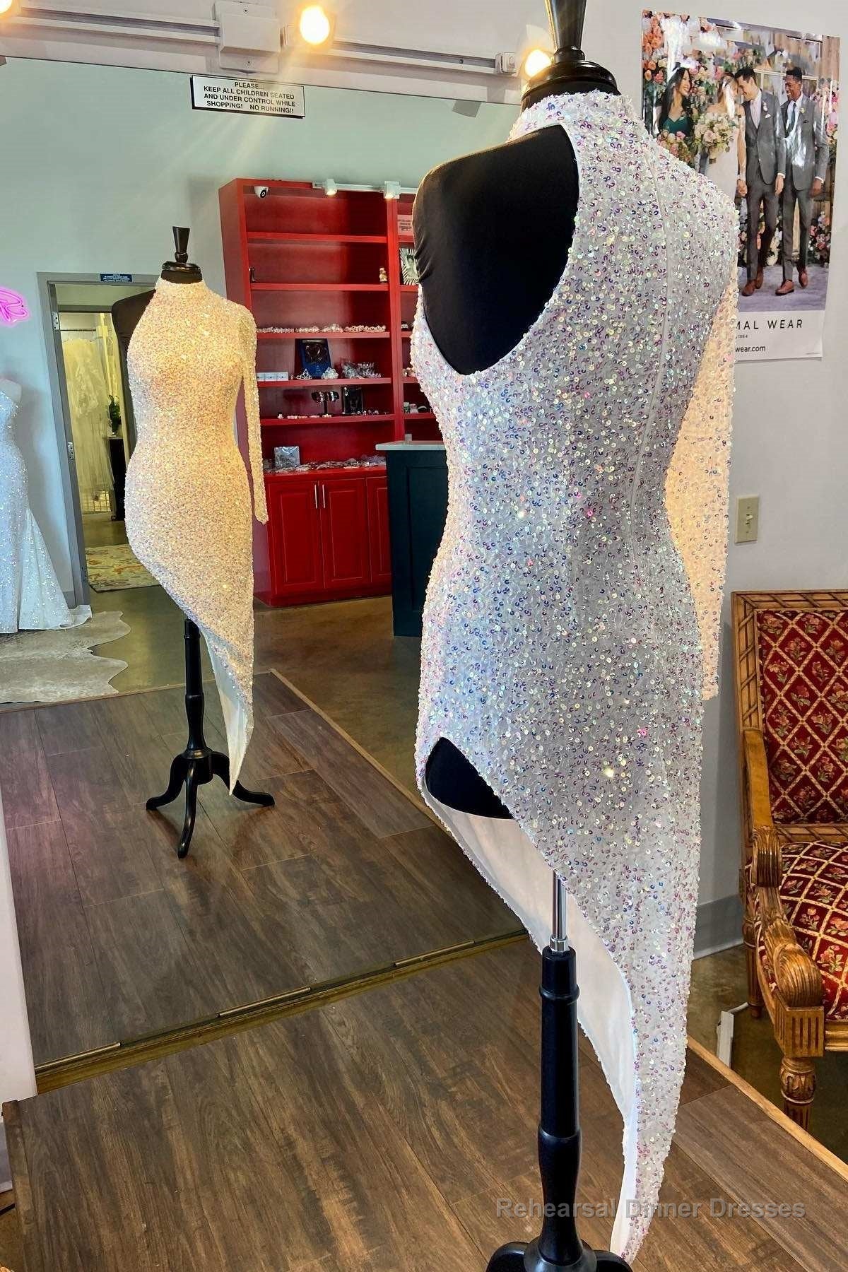 Iridescent White Sequin Halter One-Sleeve High-Low Cocktail Dress Secondary image