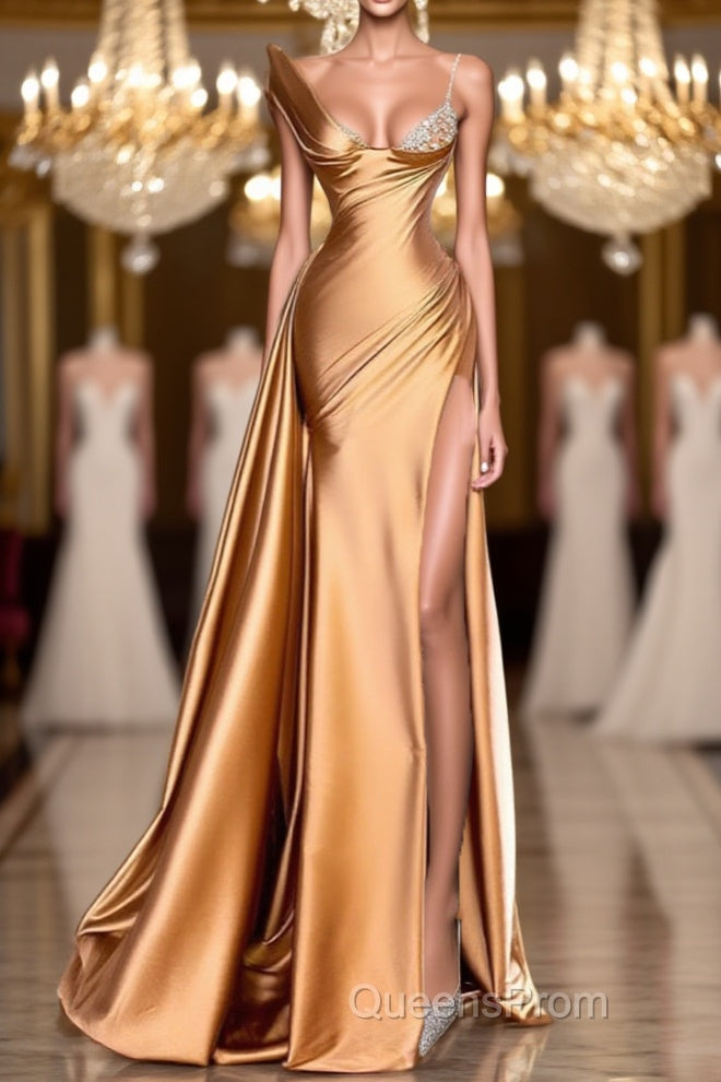 One Shoulder Long Sleeves Mermaid Evening Prom Dress Split With Beads Main image