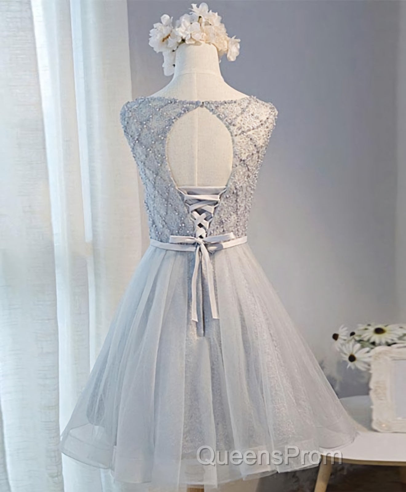 Gray Tulle Beads Short Evening Prom Dress, Gray Homecoming Dress Secondary image