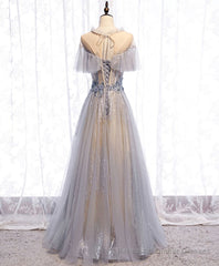 Gray Tulle Lace Long Prom Dress, Gray Tulle Formal Dress, 3