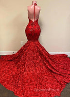 Burgundy Halter Mermaid V-neck Low back Flowers Evening Prom Dress