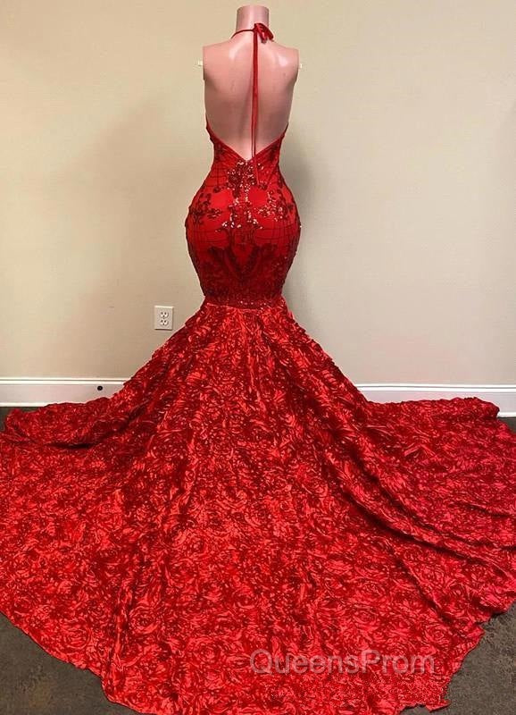 Burgundy Halter Mermaid V-neck Low back Flowers Evening Prom Dress
