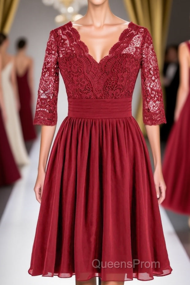 Red Lace V-Neck Backless Short Bridesmaid Dress Main image