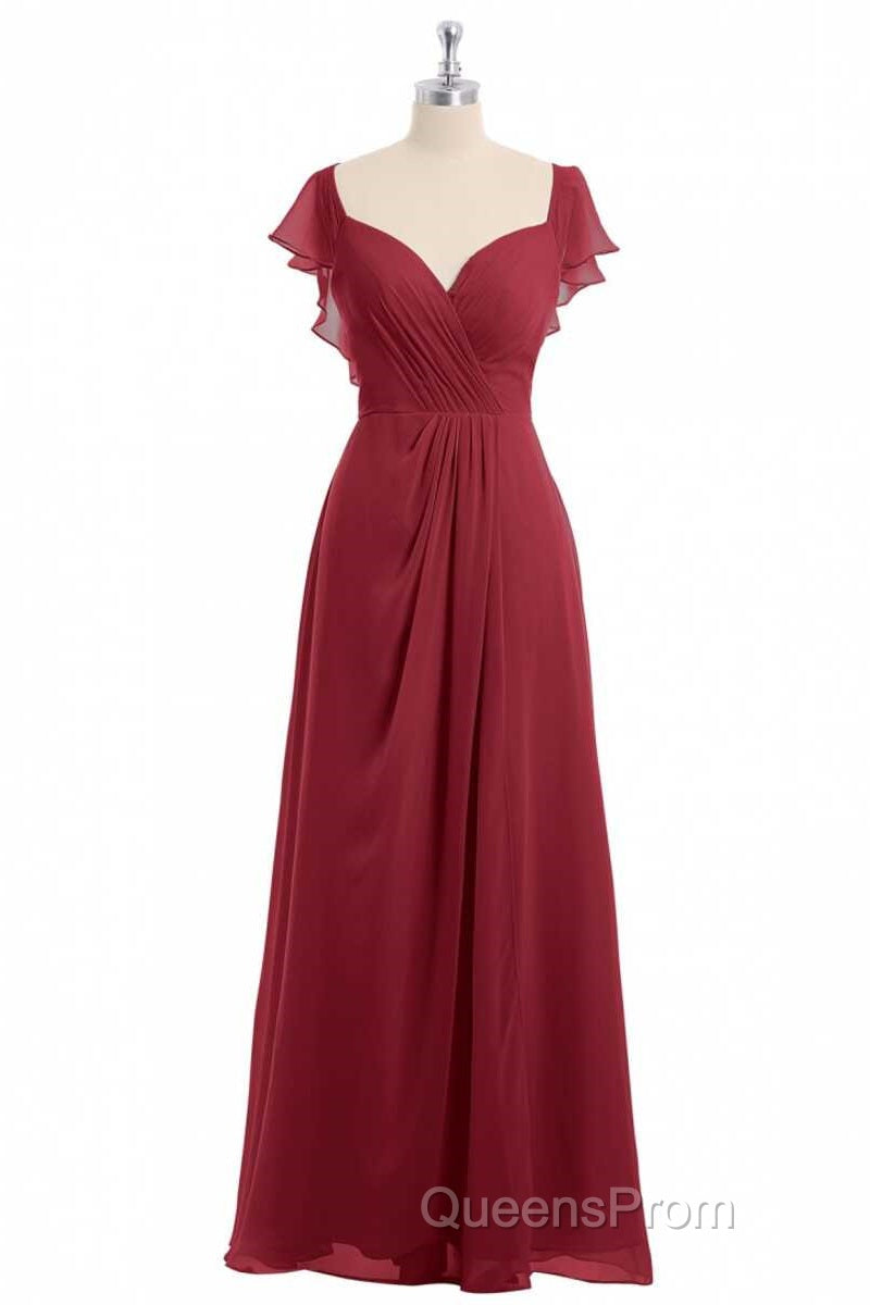 Wine Red Chiffon Backless Ruffled Sleeve Long Bridesmaid Dress Secondary image