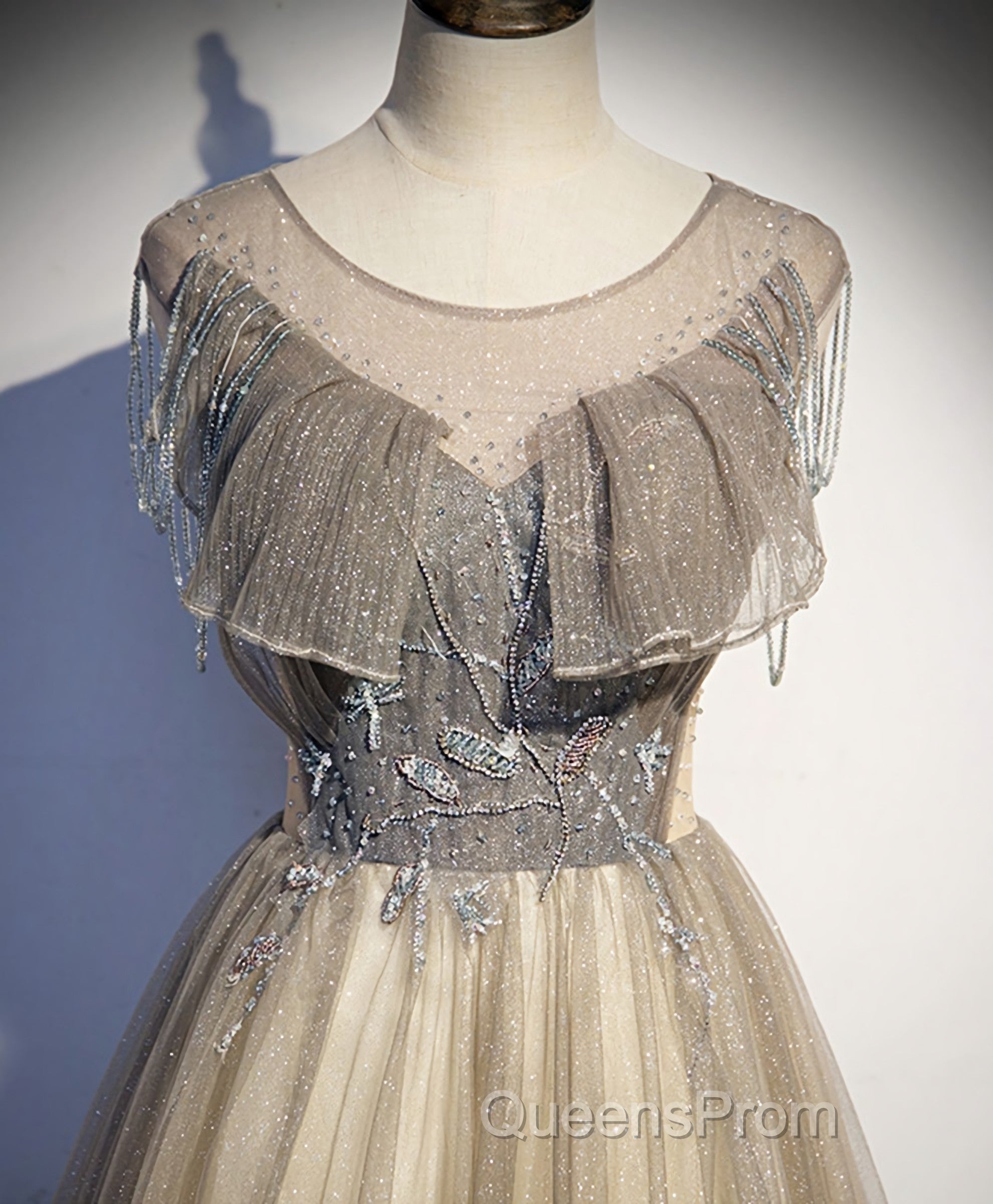 Champagne Round Neck Sequin Long Evening Prom Dress, Tulle Formal Dress Secondary image