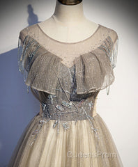 Champagne Round Neck Sequin Long Evening Prom Dress, Tulle Formal Dress