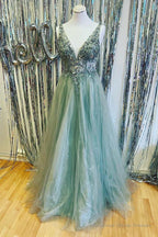 Mint Green Beaded V-Neck Backless A-Line Prom Dress