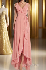 Peach Straps Ruffled High-Low Bridesmaid Dress