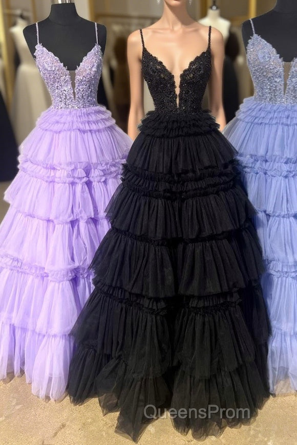 Black Layers Plunging V A-line Floral Long Evening Prom Dress Main image