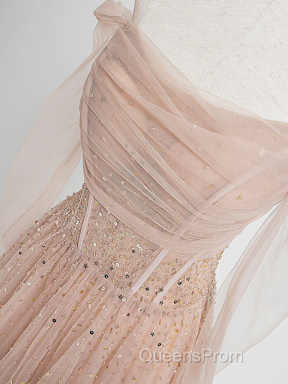 Champagne Pink Tulle Beads Long Evening Prom Dress, Champagne Evening Dress Secondary image