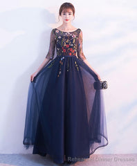 Dark Blue Tulle Lace Long Prom Dress Blue Evening Dress