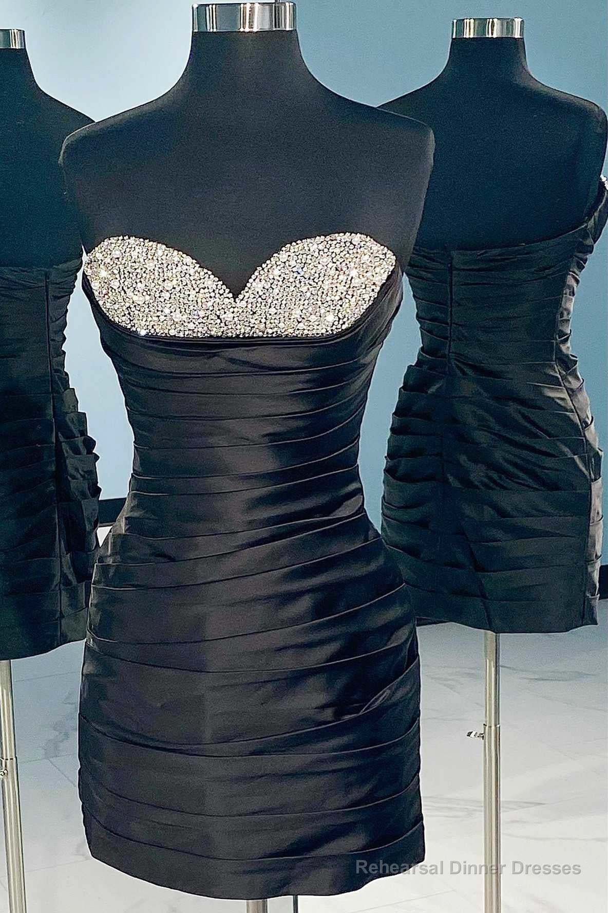 Black Beaded Strapless Ruched Cocktail Gown Main image