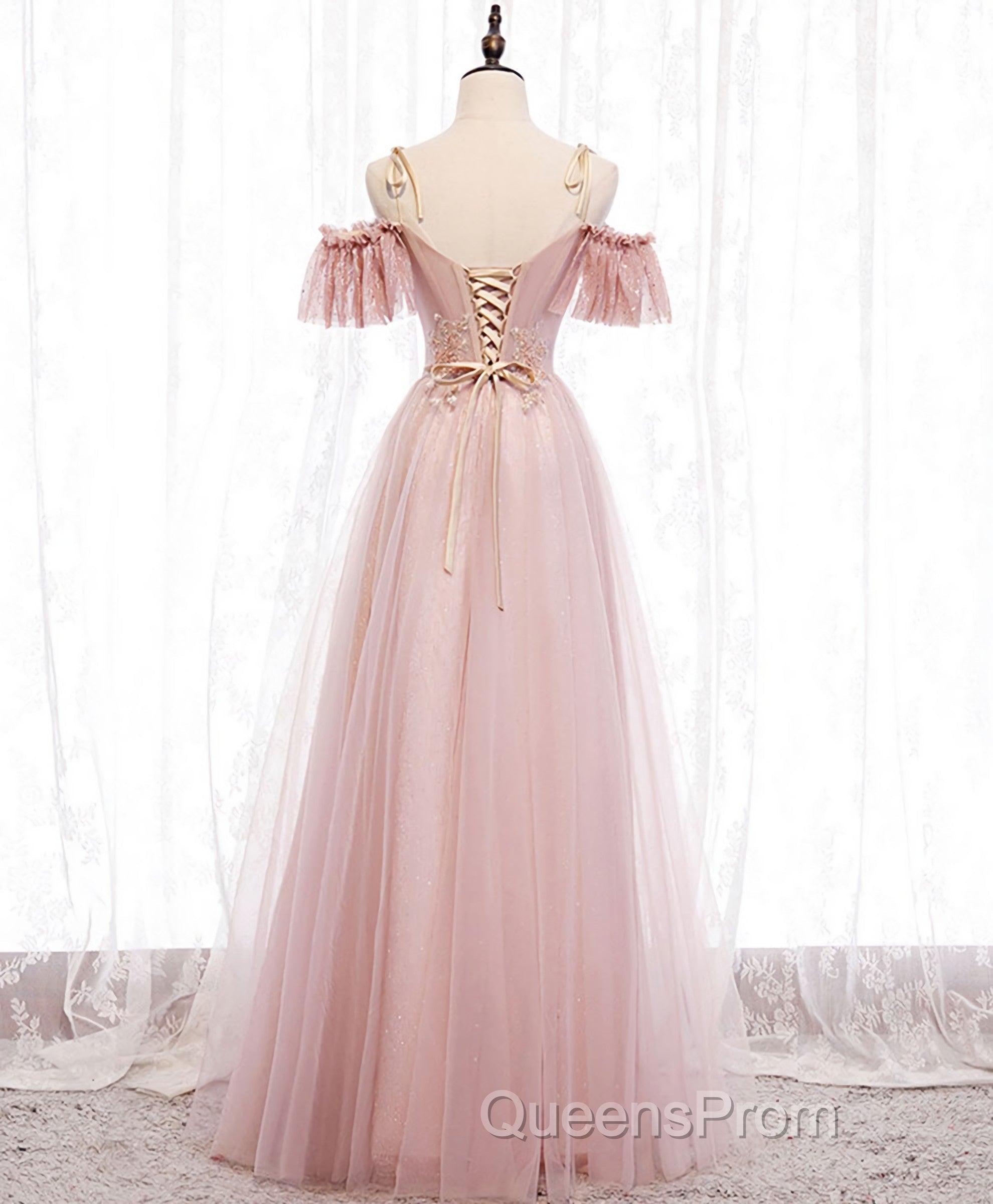 Pink V Neck Tulle Lace Long Evening Prom Dress, Pink Bridesmaid Dress, 1 Secondary image