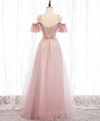 Pink V Neck Tulle Lace Long Evening Prom Dress, Pink Bridesmaid Dress, 1