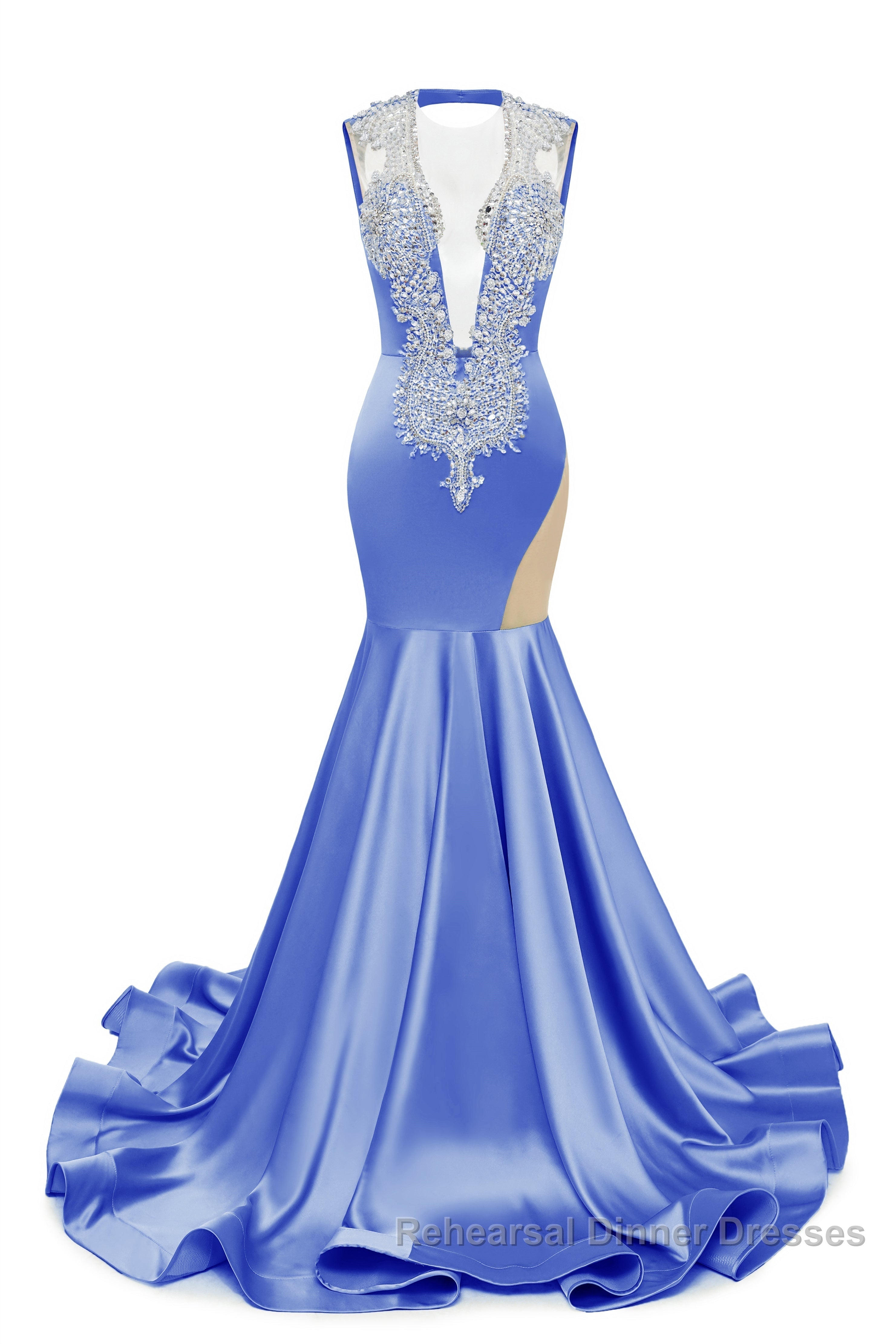 V-Neck Mermaid Brush Train Hollow Sleeveless Beading Evening Dresses