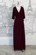 Wrap V Neck Sleeves Chiffon Long Bridesmaid Dress with Sash
