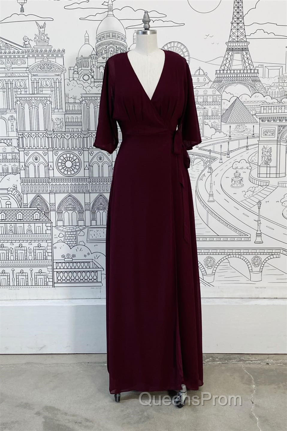 Wrap V Neck Sleeves Chiffon Long Bridesmaid Dress with Sash
