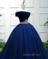 Dark Blue Tulle Off Shoulder Long Evening Prom Dress, Blue Sweet 16 Dress