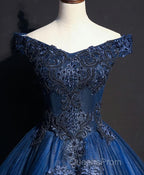 Blue Tulle Lace Off Shoulder Long Evening Prom Dress, Blue Tulle Lace Evening Dress