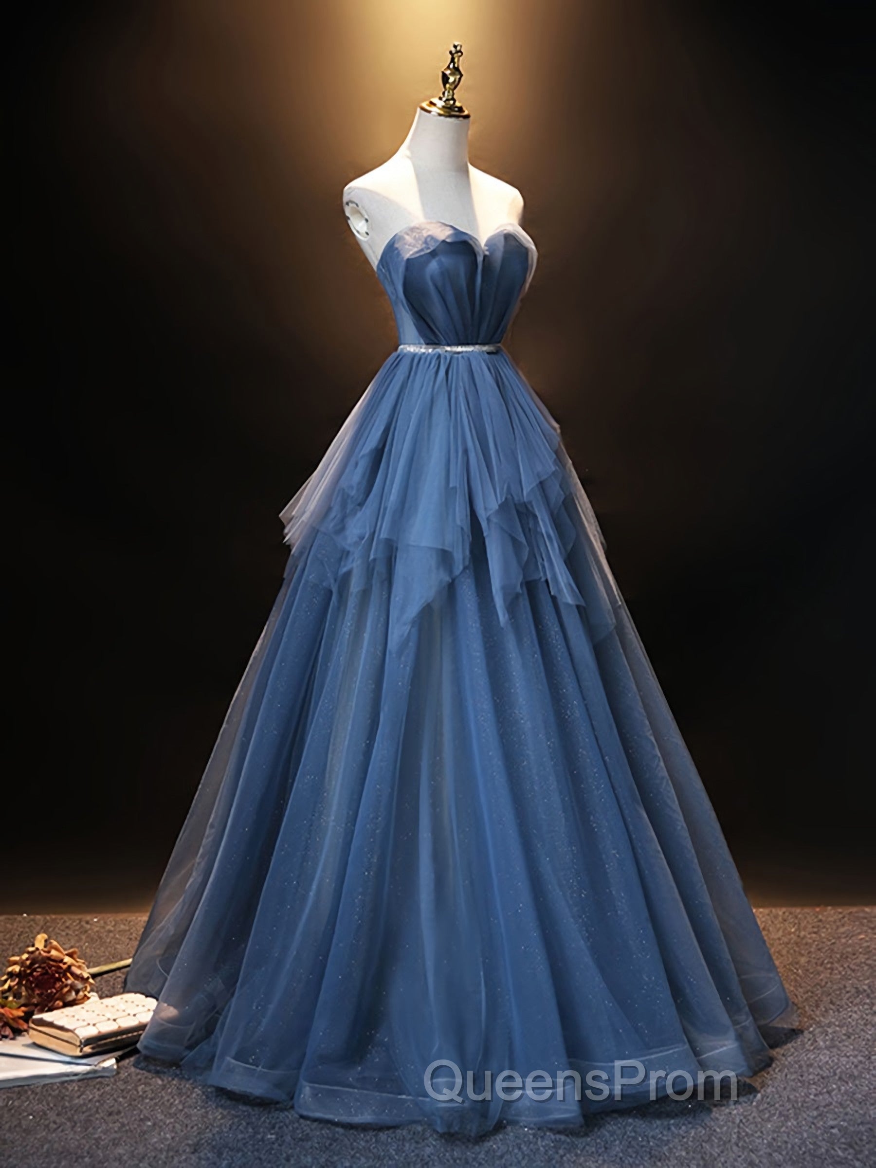 Blue Sweetheart Neck Tulle Long Evening Prom Dress, Blue Evening Dress