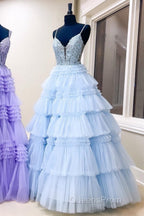 Plunging V-Neck Straps Appliques Layered Evening Prom Dress