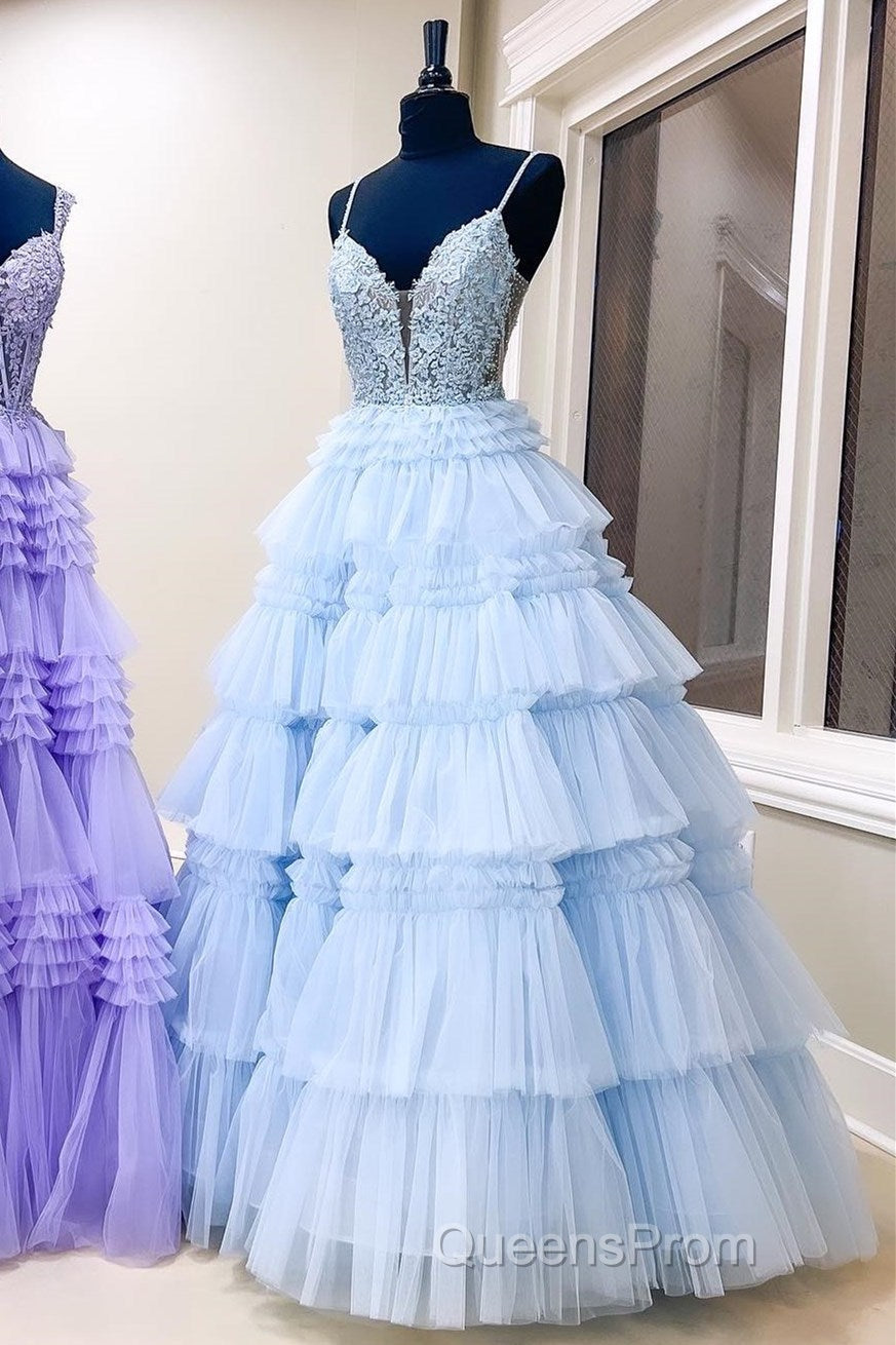 Plunging V-Neck Straps Appliques Layered Evening Prom Dress