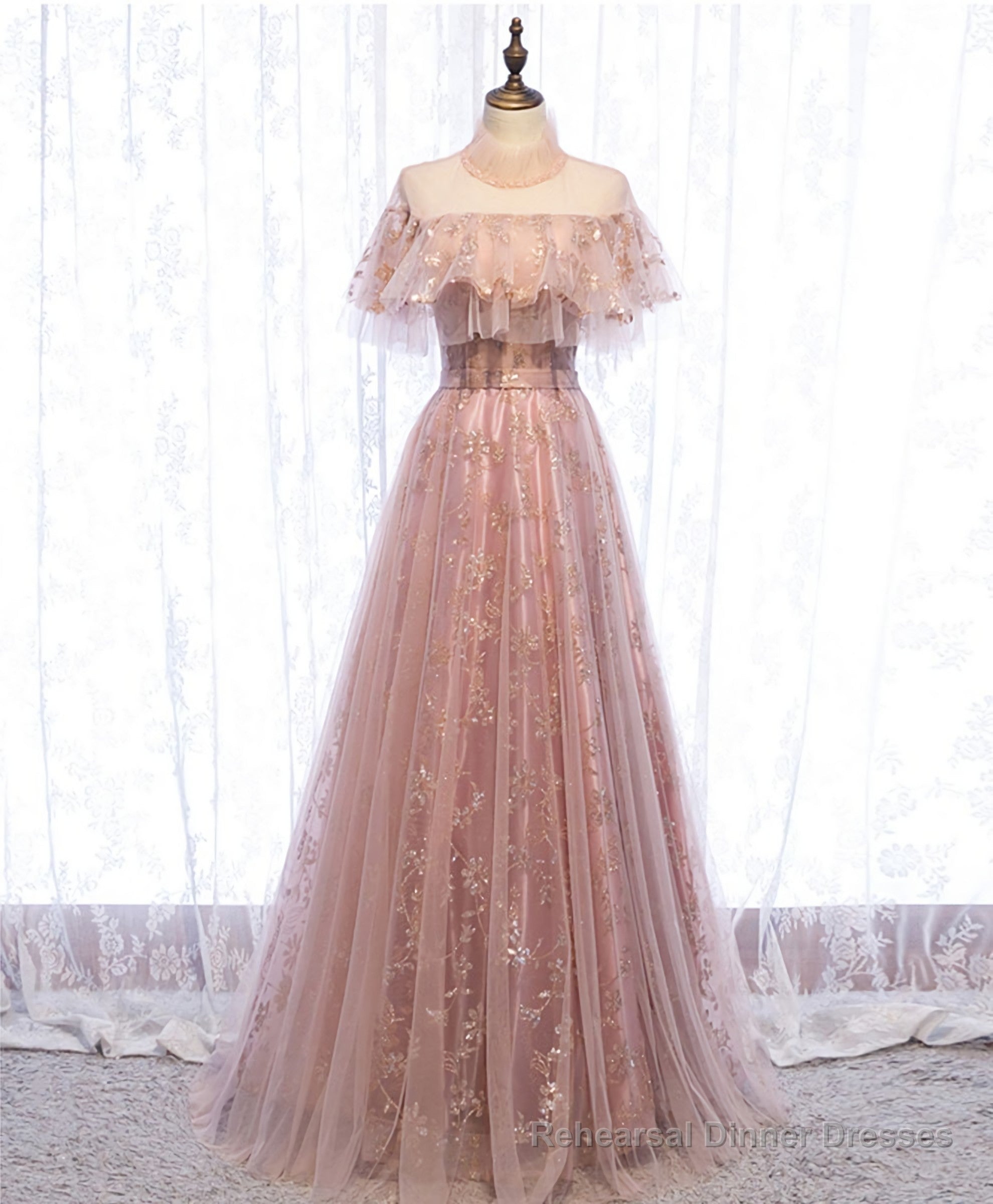 Pink Tulle Lace Long Prom Dress, Pink Tulle Formal Dress, 2 Main image
