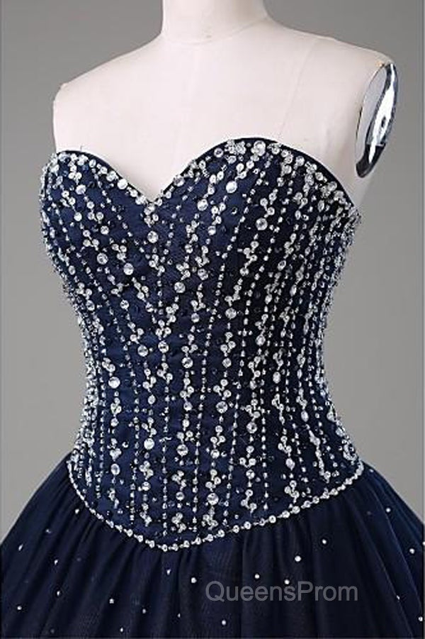 Navy Blue Ball Gown Floor Length Sweetheart Sleeveless Mid Back Evening Prom Dress