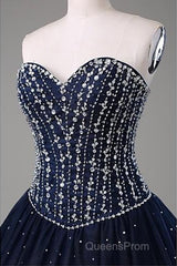 Navy Blue Ball Gown Floor Length Sweetheart Sleeveless Mid Back Evening Prom Dress
