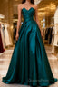 Simple Blue Satin Strapless Evening Prom Dress