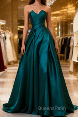 Simple Blue Satin Strapless Evening Prom Dress