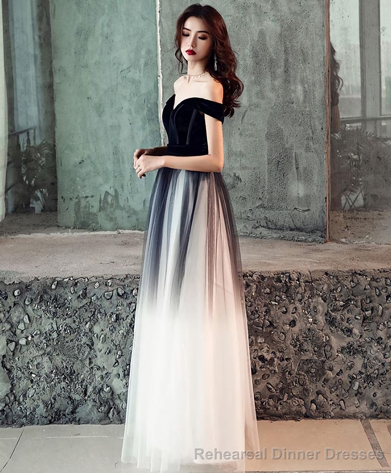 Simple Tulle Off Shoulder Black Long Prom Dress Black Tulle Evening Dress
