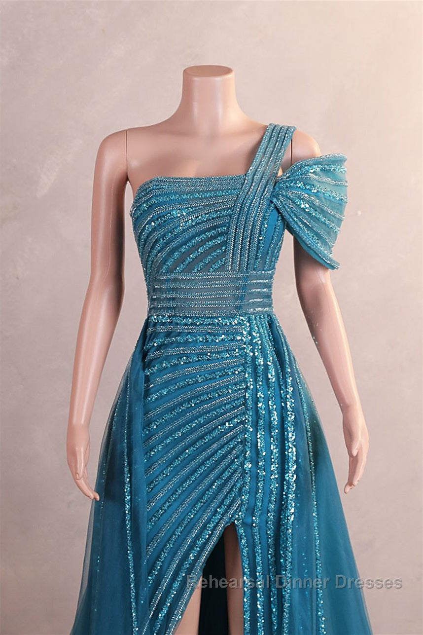 One-Shoulder Beading Sweep Train Backless Evening Dresses
