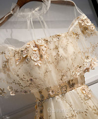 Champagne Tulle Lace Long Evening Prom Dress, Champagne Formal Dress, 1