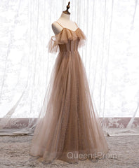 Champagne Tulle Sequin Long Evening Prom Dress, Champagne Evening Dress