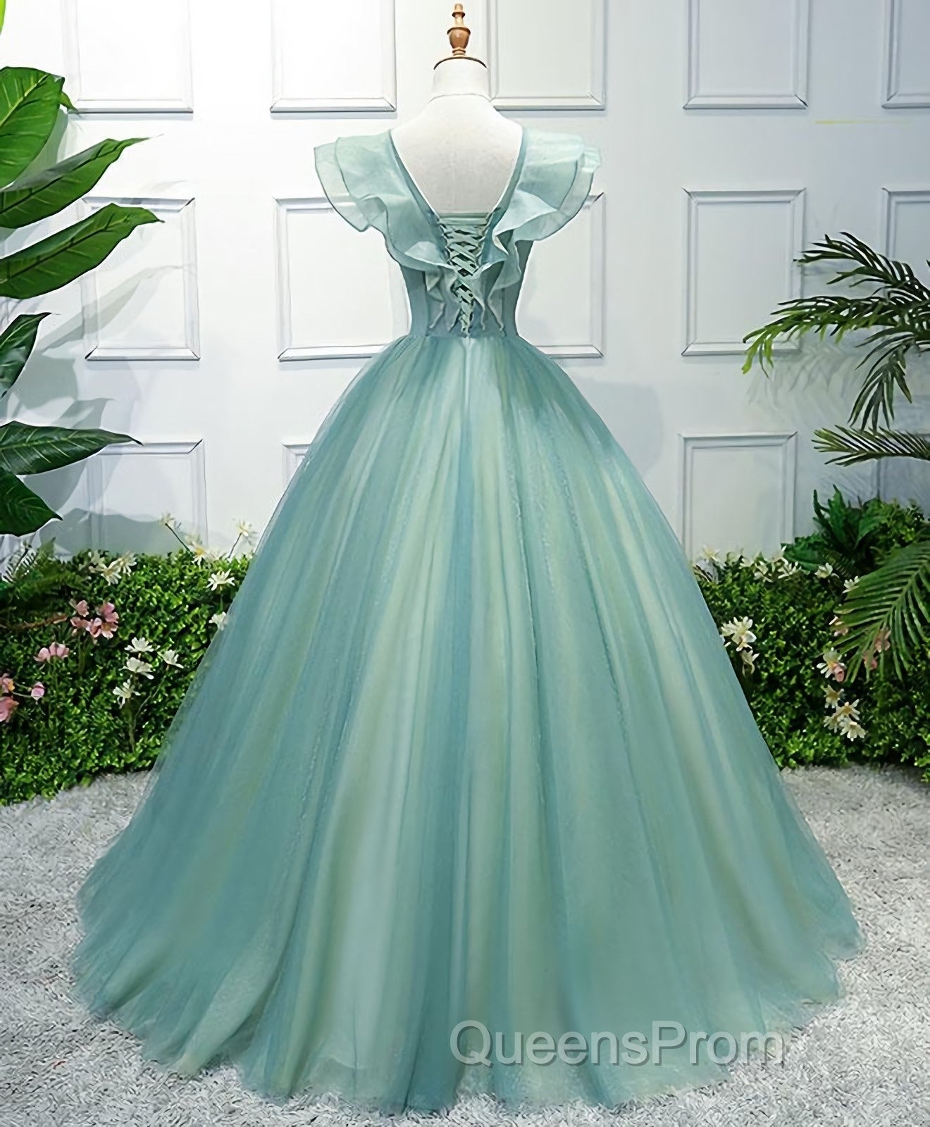 Green V Neck Tulle Long Evening Prom Dress, Green Evening Dress Secondary image