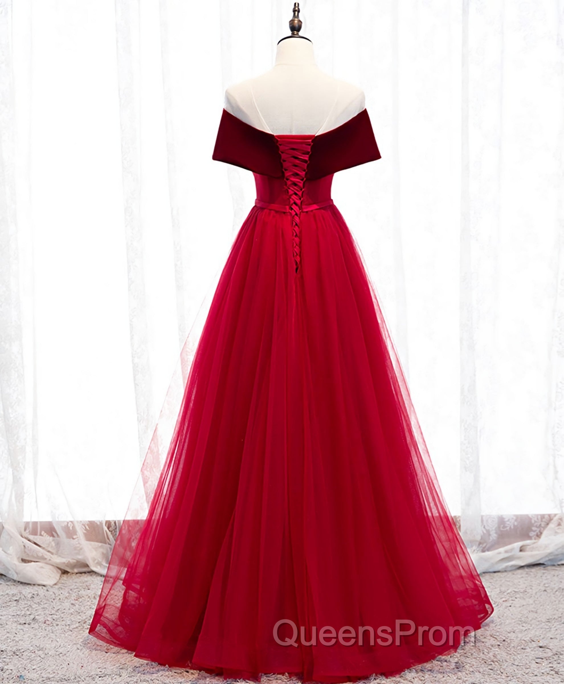Burgundy Tulle Off Shoulder Long Evening Prom Dress, Burgundy Formal Dress