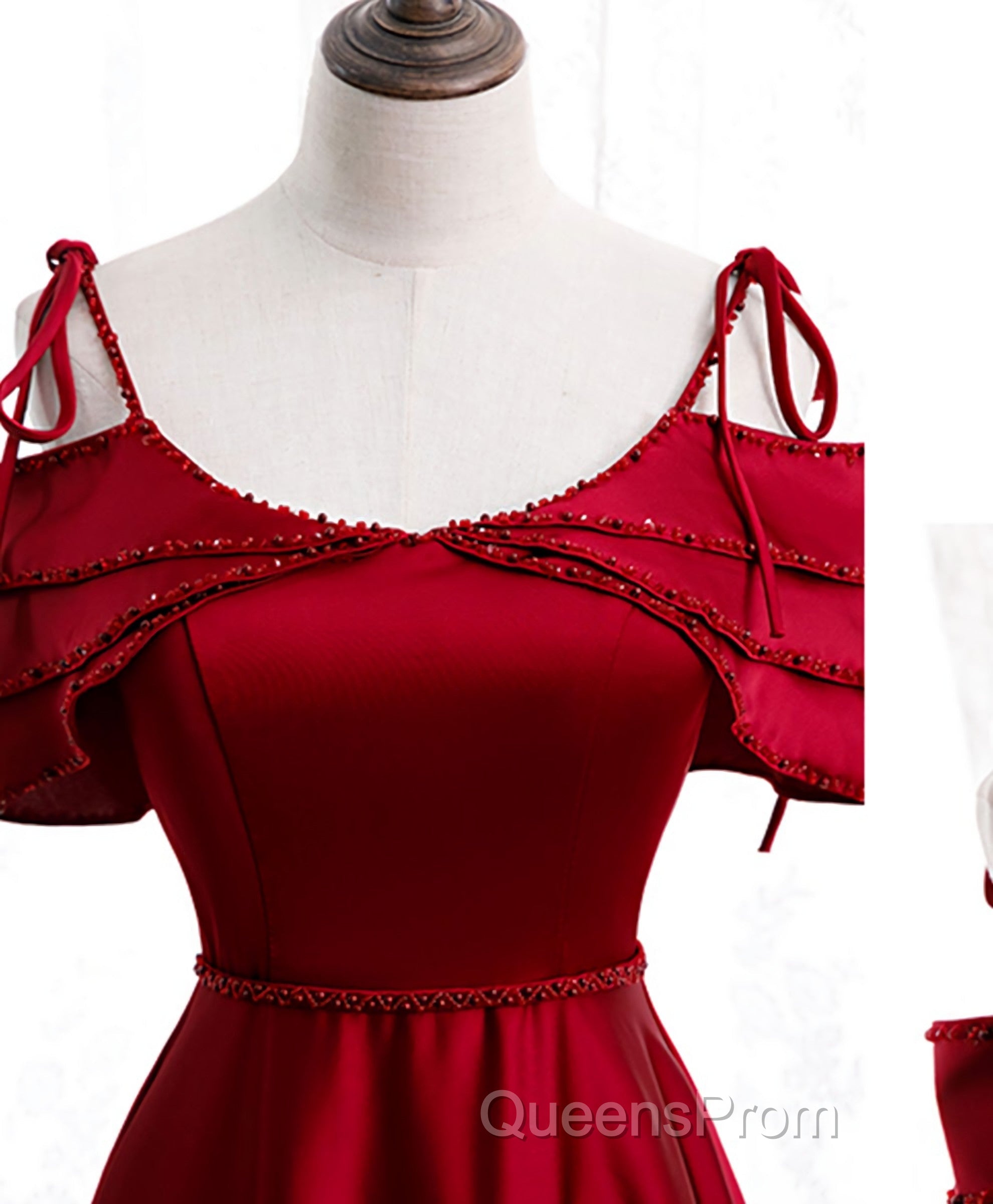 Burgundy Satin Beads Long Evening Prom Dress, Burgundy Evening Dress