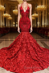 Burgundy Halter Mermaid V-neck Low back Flowers Evening Prom Dress